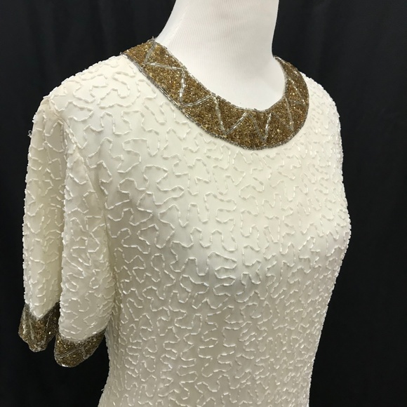 Stenay Size 8 Vintage Beaded Dress Ivory Gold - Picture 7 of 8